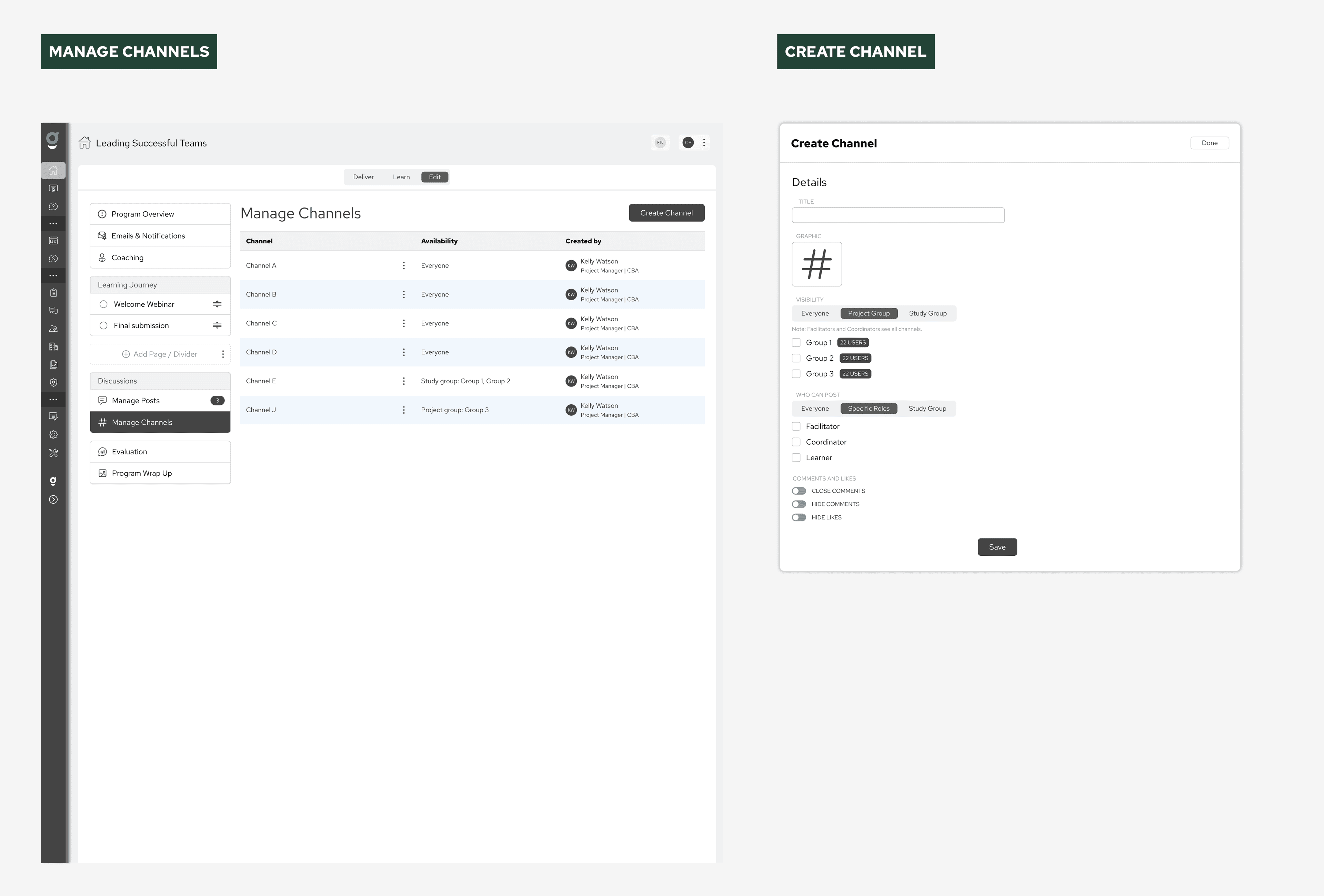 Create Channel interface showing settings for visibility and participation.