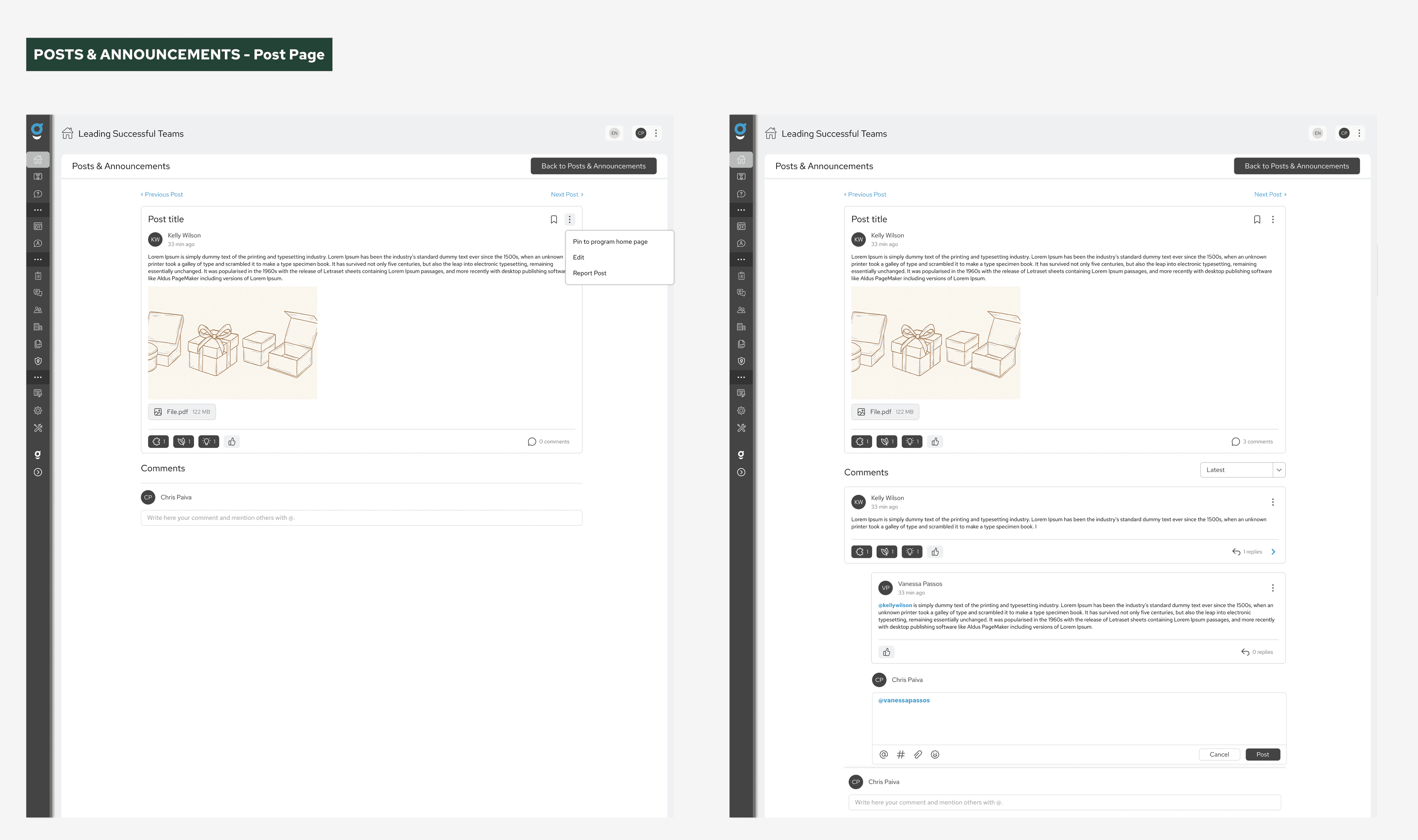 Discussion post view showing threaded comments, replies and reactions.