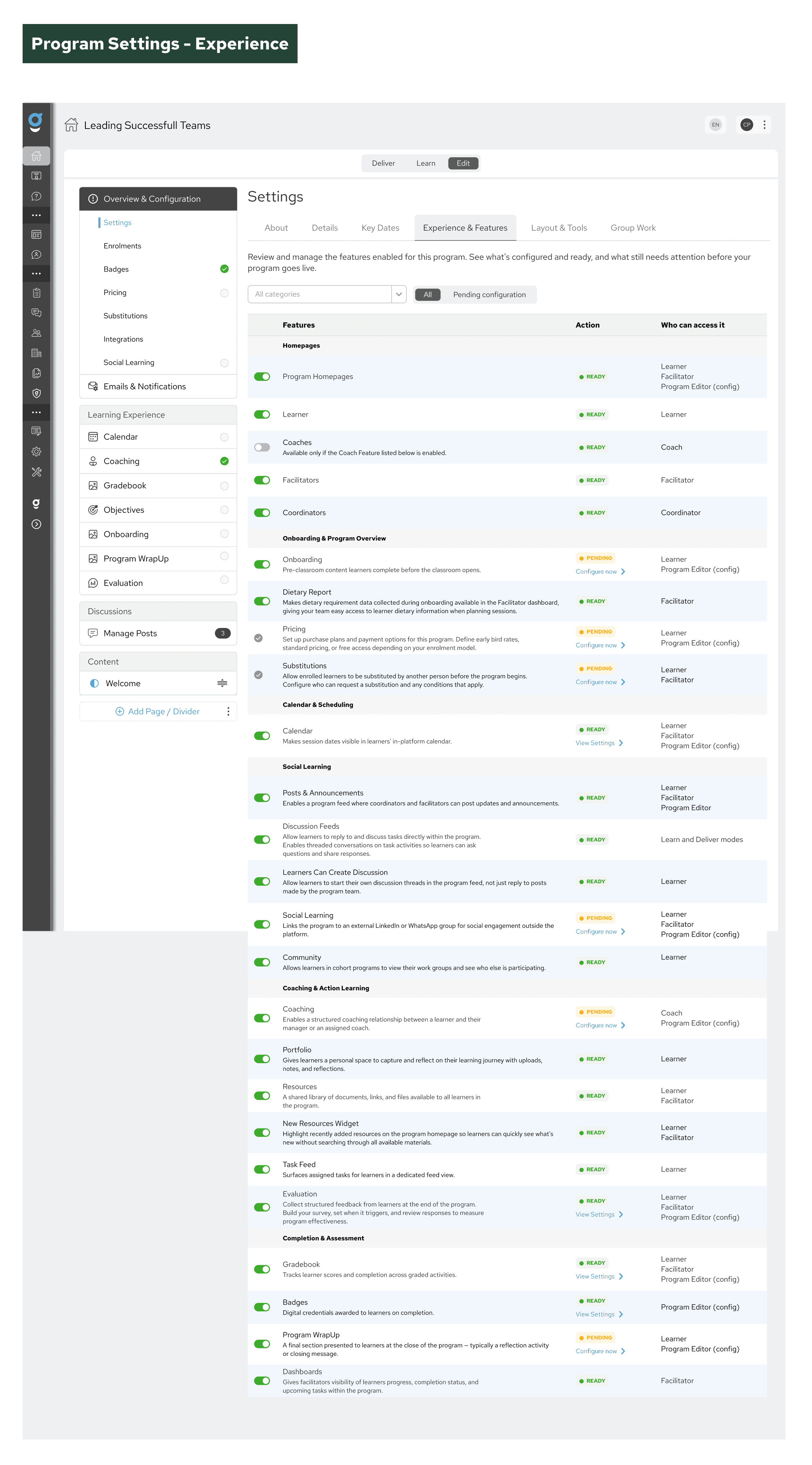 Guroo Learning Experience and Features interface showing learner and facilitator features with ready and pending configuration states.