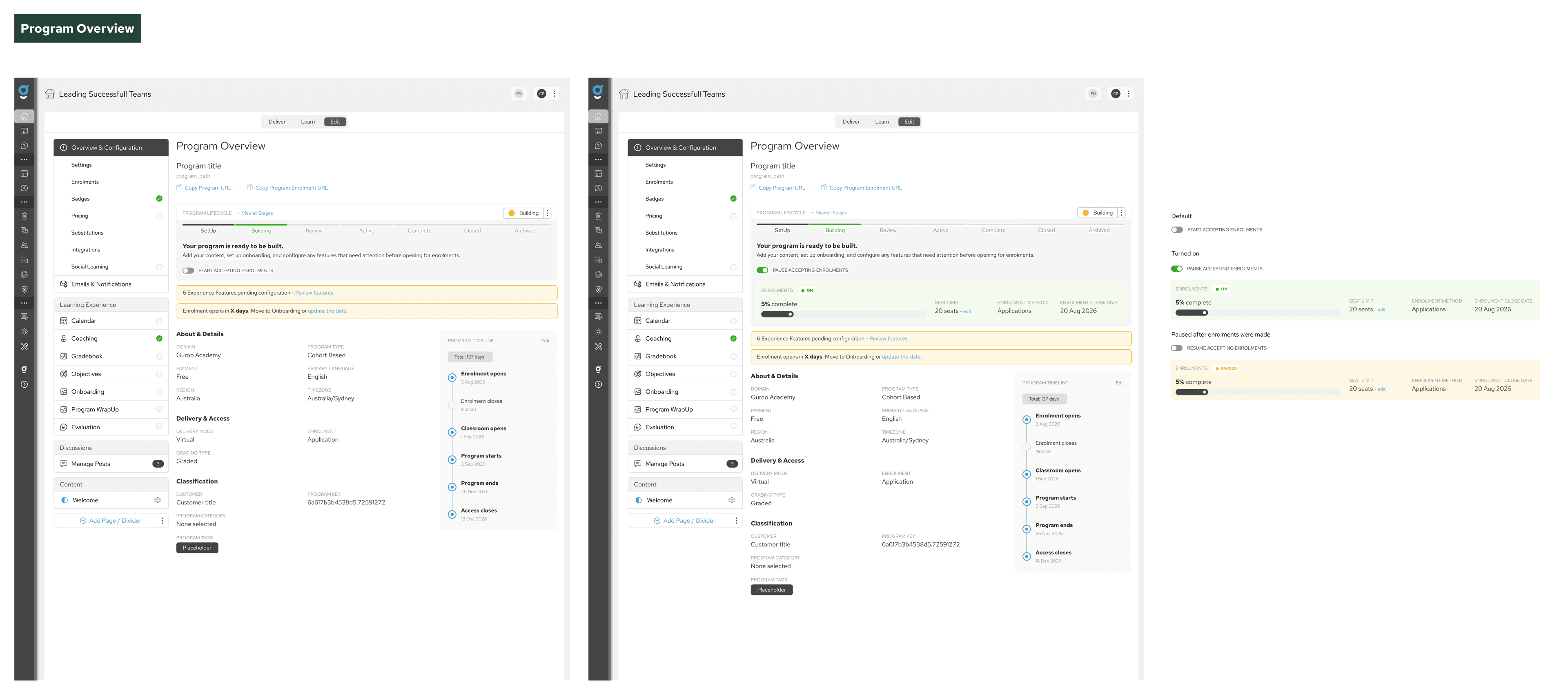 Guroo Learning Program Overview and Details interface showing program information, lifecycle state and configuration areas.