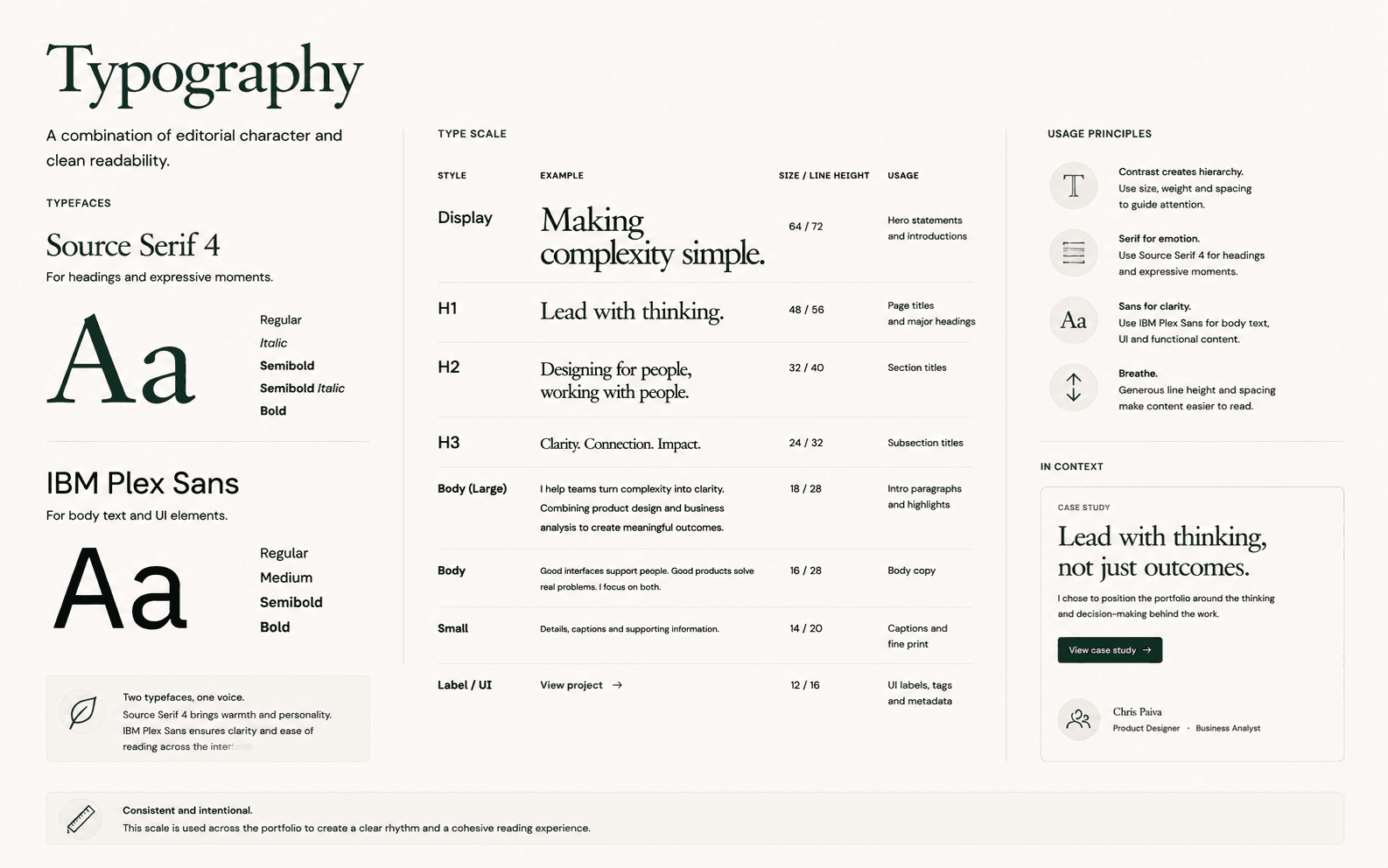 Portfolio redesign typography examples showing the editorial and interface type hierarchy.