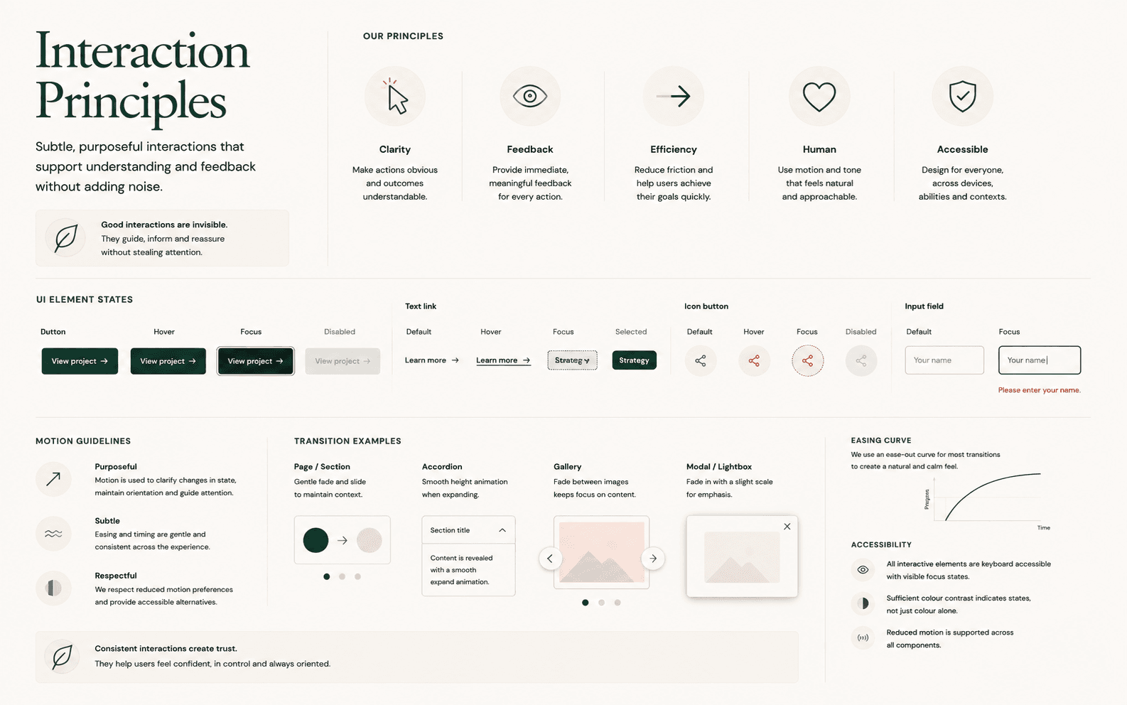 Portfolio redesign interaction principles showing restrained feedback and navigation patterns.