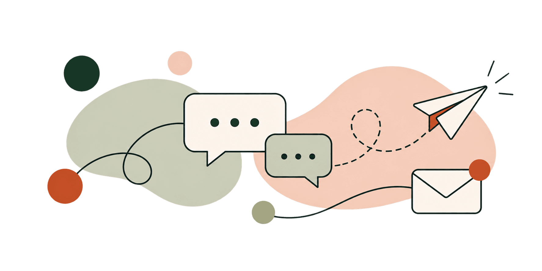 Illustration of messages, an envelope, and a paper plane representing an open conversation.